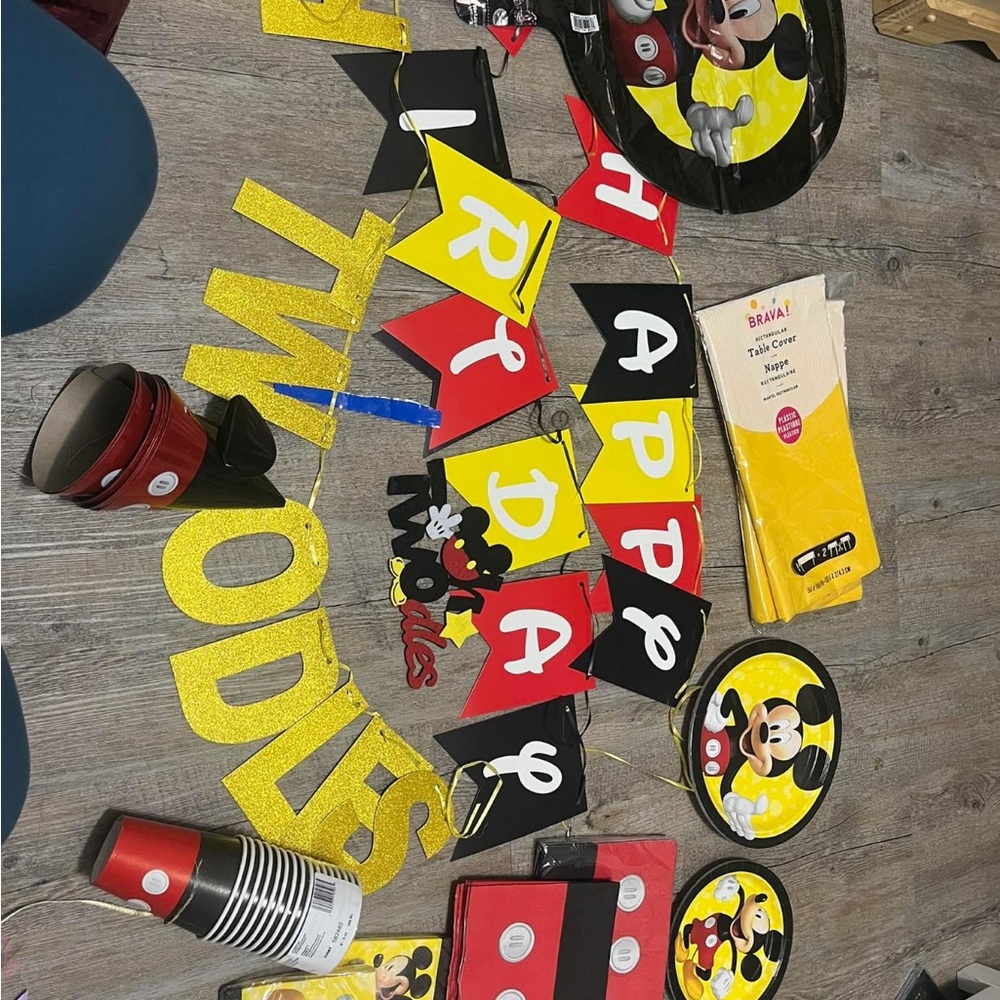 Disney Mickey Mouse Party Banner & Tableware Set - Yellow, Red, Black